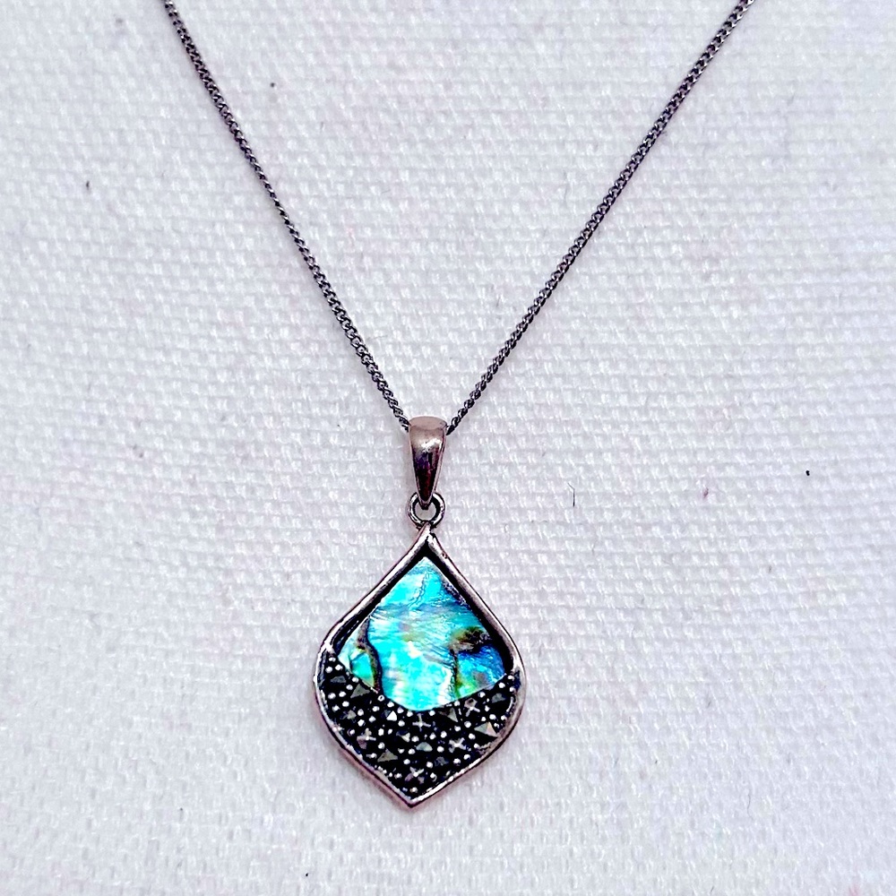 Sterling Silver Marcasite & Abalone Marquise Pendant Necklace